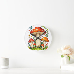 Wilde Pilze und Blumen in Gras Wald Natur Runde Wanduhr
