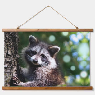 Wilde Raccoon und Orbs im Wald Wandteppich Mit Holzrahmen