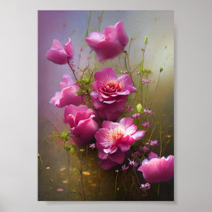 Wilde rosa Rosen im Nebel Poster