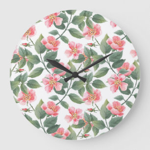 Wilde Rose Aquarellblume Nahtlos Große Wanduhr
