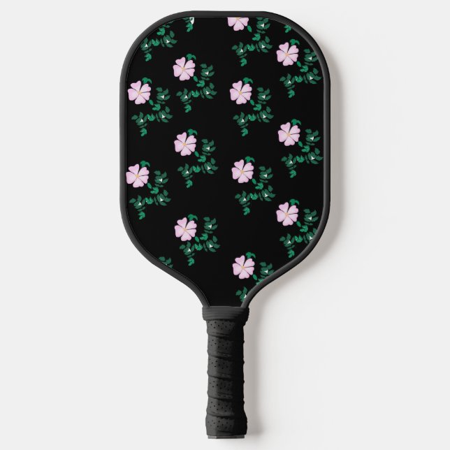 Wilde Rose - Blumenmuster auf schwarzem Hintergrun Pickleball Schläger (Vorderseite)