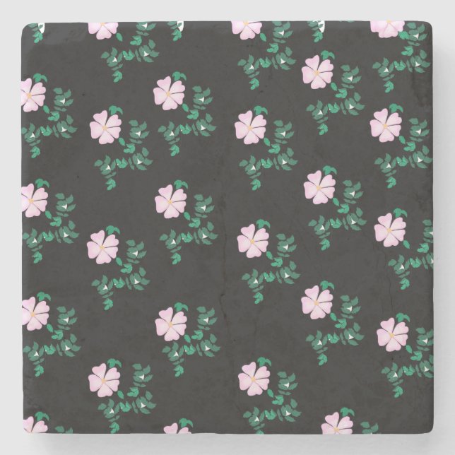 Wilde Rose - Blumenmuster auf schwarzem Hintergrun Steinuntersetzer (Vorderseite)