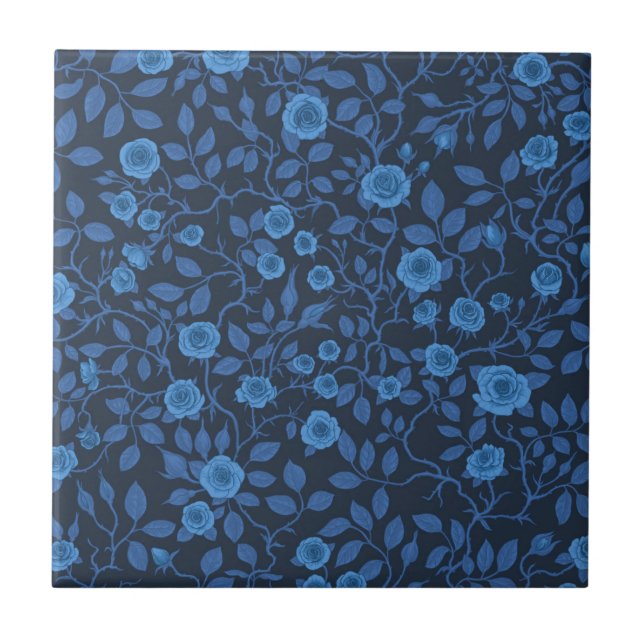 Wilde Rose in blau Fliese (Vorderseite)