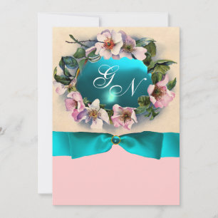 WILDE ROSE MIT AQUAMARINEM BLUE RIBBON, MONOGRAMM EINLADUNG