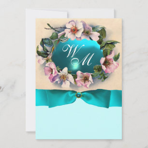 WILDE ROSE MIT AQUAMARINEM BLUE RIBBON, MONOGRAMM EINLADUNG