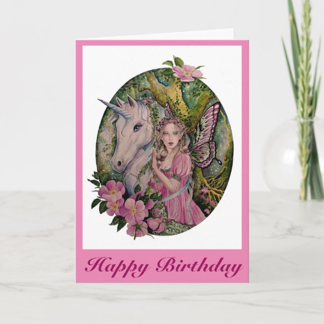 Wilde Rose mit Einhorn-Grußkarte Karte (Vorderseite)