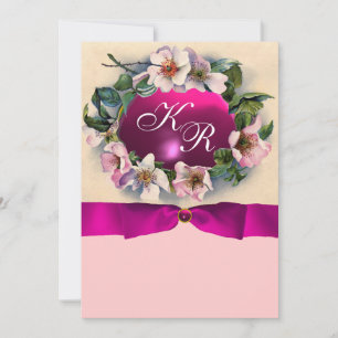 WILDE ROSE MIT PINK RIBBON, MONOGRAMM EINLADUNG