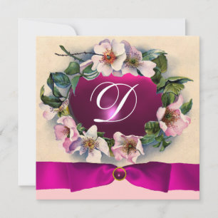 WILDE ROSE MIT PINK RIBBON, MONOGRAMM EINLADUNG