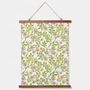 Wilde Rosen und Schmetterlinge /rosa/hellgrün/gelb Wandteppich Mit Holzrahmen