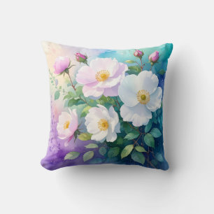 Wilde Rosen Weiß Rosa Blau Türkis Lila Aquarelle Kissen