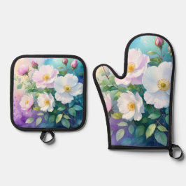 Wilde Rosen Weiß Rosa Blau Türkis Lila Aquarelle Ofenhandschuh & Topflappen-Set