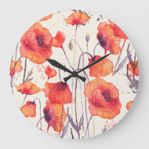Wilde rote Mohnblumen, Wasserfarbenmuster Große Wanduhr