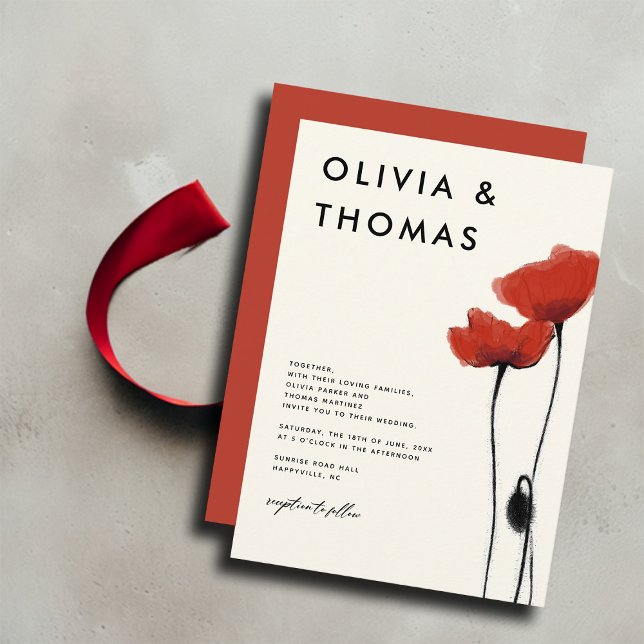 Wilde Rote Popper Moderne Rustikale Hochzeit Einladung (red poppies poppy wildflowers wedding invitation modern elegant romantic simple bohemian summer)