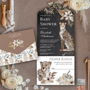 Wilde Safari-Leoparden-Babyparty auf der Tafel im All In One Einladung