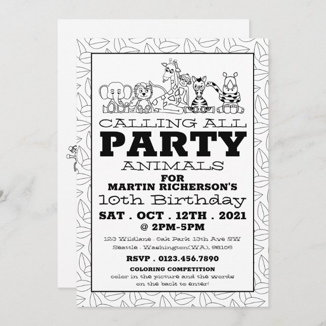 Wilde Safari-Tiere, Kinderbuntgeburt-Party Einladung (Vorne/Hinten)