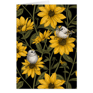 Wilde Sonnenblumen und goldfarbene Vögel/gelb