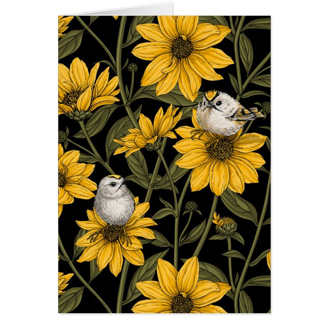 Wilde Sonnenblumen und goldfarbene Vögel/gelb (Vorne)