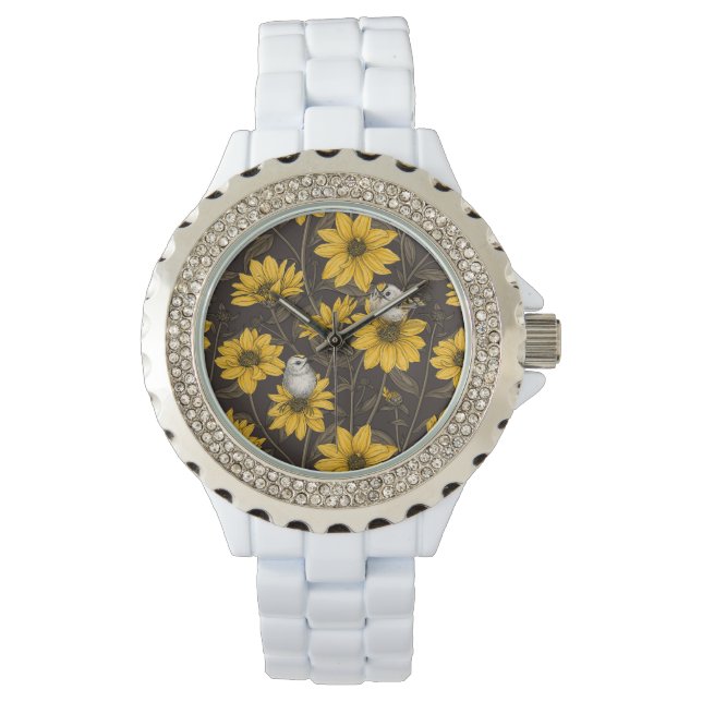 Wilde Sonnenblumen und goldfarbene Vögel/gelb Armbanduhr (Vorderseite)