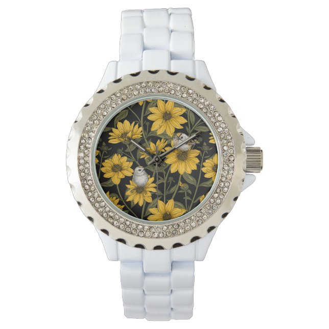 Wilde Sonnenblumen und goldfarbene Vögel/gelb Armbanduhr (Vorderseite)
