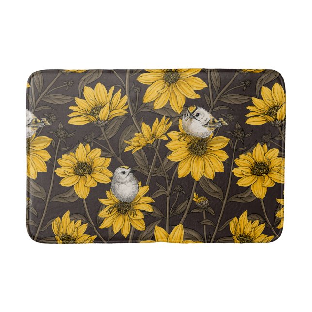 Wilde Sonnenblumen und goldfarbene Vögel/gelb Badematte (Vorderseite)