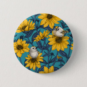 Wilde Sonnenblumen und goldfarbene Vögel/gelb Button