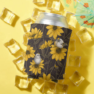 Wilde Sonnenblumen und goldfarbene Vögel/gelb Dosenkühler