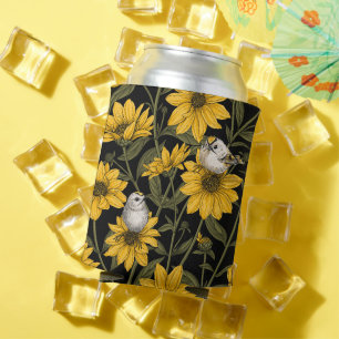 Wilde Sonnenblumen und goldfarbene Vögel/gelb Dosenkühler