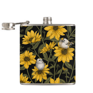 Wilde Sonnenblumen und goldfarbene Vögel/gelb Flachmann