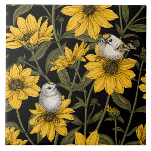 Wilde Sonnenblumen und goldfarbene Vögel/gelb Fliese