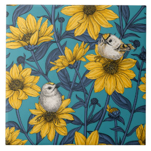 Wilde Sonnenblumen und goldfarbene Vögel/gelb Fliese