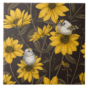Wilde Sonnenblumen und goldfarbene Vögel/gelb Fliese