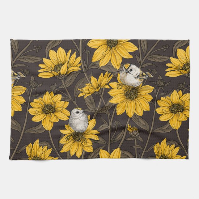 Wilde Sonnenblumen und goldfarbene Vögel/gelb Geschirrtuch (Horizontal)