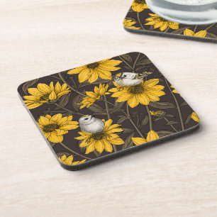 Wilde Sonnenblumen und goldfarbene Vögel/gelb Getränkeuntersetzer