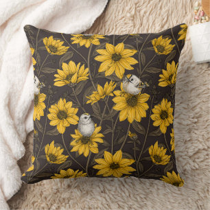 Wilde Sonnenblumen und goldfarbene Vögel/gelb Kissen