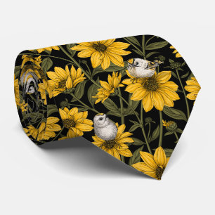 Wilde Sonnenblumen und goldfarbene Vögel/gelb Krawatte