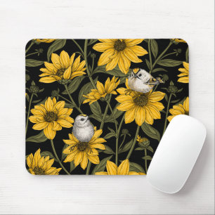 Wilde Sonnenblumen und goldfarbene Vögel/gelb Mousepad