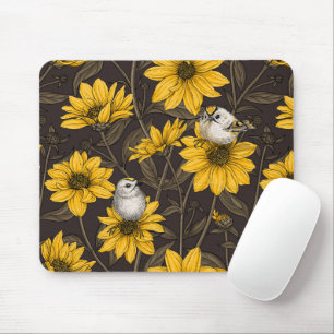 Wilde Sonnenblumen und goldfarbene Vögel/gelb Mousepad