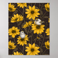 Wilde Sonnenblumen und goldfarbene Vögel/gelb