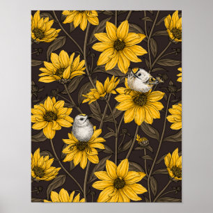Wilde Sonnenblumen und goldfarbene Vögel/gelb Poster
