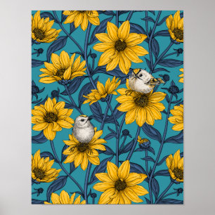 Wilde Sonnenblumen und goldfarbene Vögel/gelb Poster