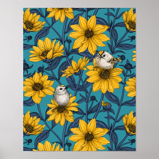 Wilde Sonnenblumen und goldfarbene Vögel/gelb Poster (Vorne)