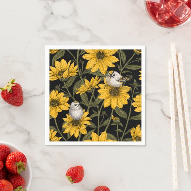 Wilde Sonnenblumen und goldfarbene Vögel/gelb Serviette (Beispiel)