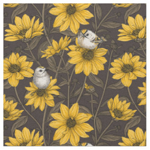 Wilde Sonnenblumen und goldfarbene Vögel/gelb Stoff