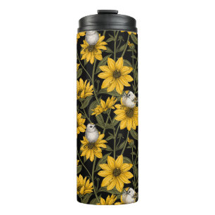 Wilde Sonnenblumen und goldfarbene Vögel/gelb Thermosbecher