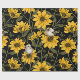 Wilde Sonnenblumen und goldfarbene Vögel/gelb und Geschenkpapier