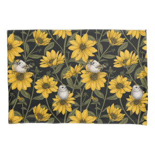 Wilde Sonnenblumen und goldfarbene Vögel/gelb und  Kissenbezug