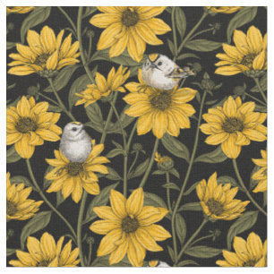 Wilde Sonnenblumen und goldfarbene Vögel/gelb und  Stoff