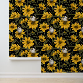 Wilde Sonnenblumen und goldfarbene Vögel/gelb und Tapete