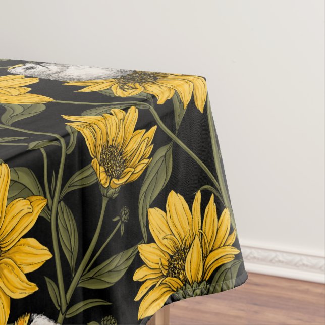 Wilde Sonnenblumen und goldfarbene Vögel/gelb und  Tischdecke (Beispiel)