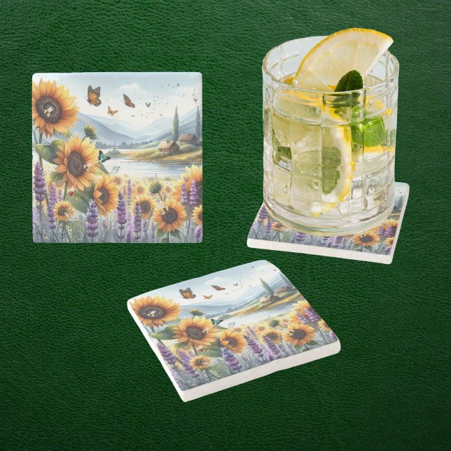 Wilde Sonnenblumen und Lavender Steinuntersetzer (Von Creator hochgeladen)